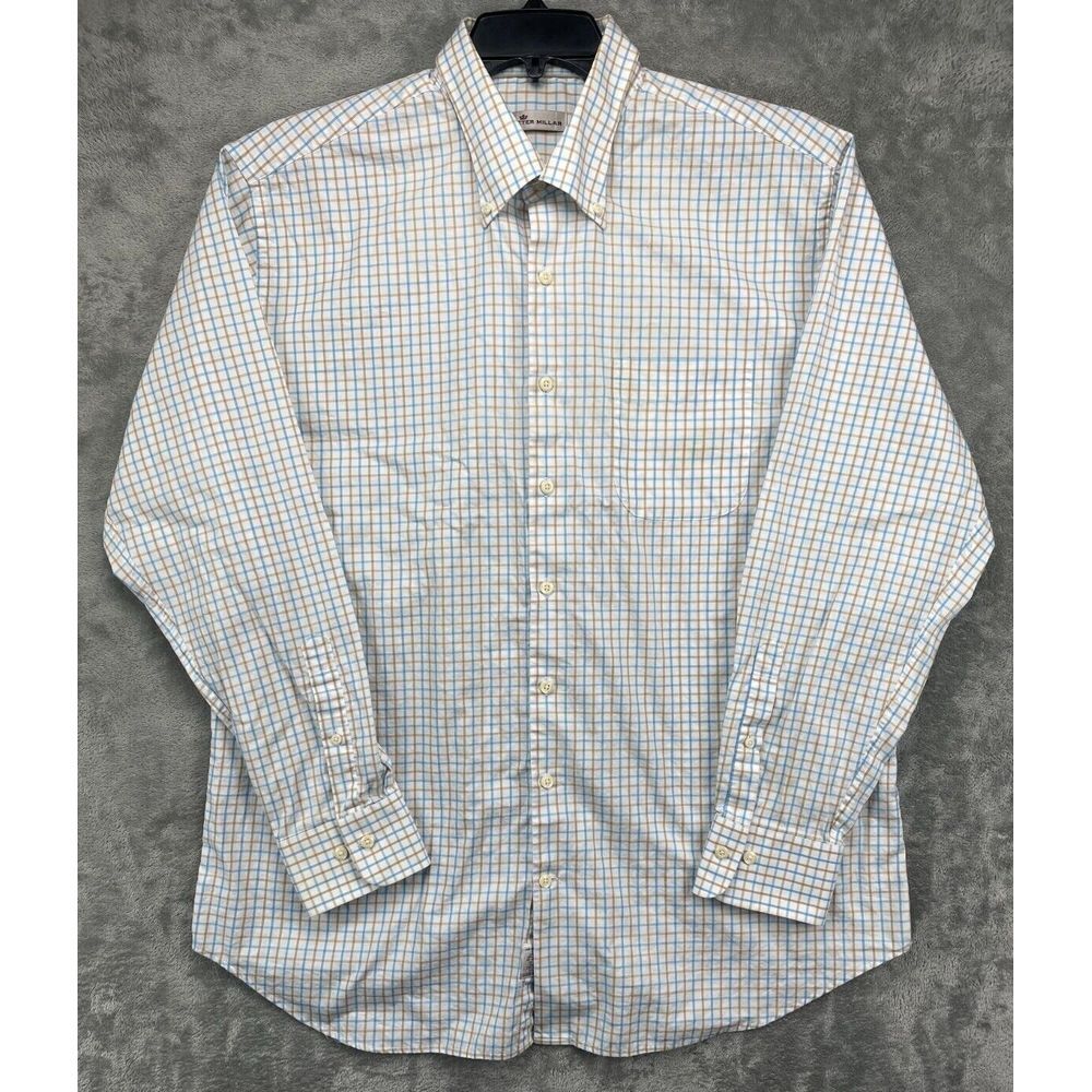 Peter Millar Mens Shirt XL Blue Tan White Plaid Long Sleeve Button Up Cotton
